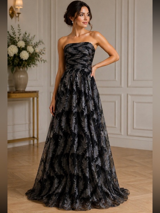David Meister Dresses & Skirts - David Meister strapless feather embellished fit and flare mesh long gown